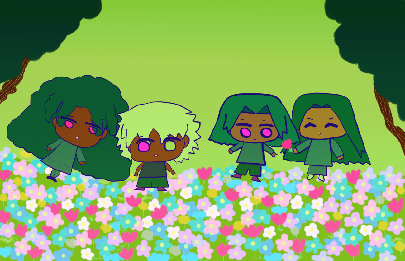 unlike usual, everything is a variety of green color tones aside from brown skintones. they all hang out in a place of wildflowers, with alia on a short hill surrounded by the flowers and layla right by her, alia peering down at a curious layla. antonio stares blankly at alejandro who is handing him a red flower. alia has a lot of curls around her and wears a dress, while layla has wavy silver hair and wears a sleevless shirt and pants. antonio with a short fall of hair around his neck wears a long-sleeved shirt and pants while alejandro with long hair wears a long tunic with pants. only everyone's fuchsia or scarlet-brightened irises stand out, except for layla with a silver right eye and alejandro whose eyes are closed and he's smiling cheerfully at a quiet antonio.